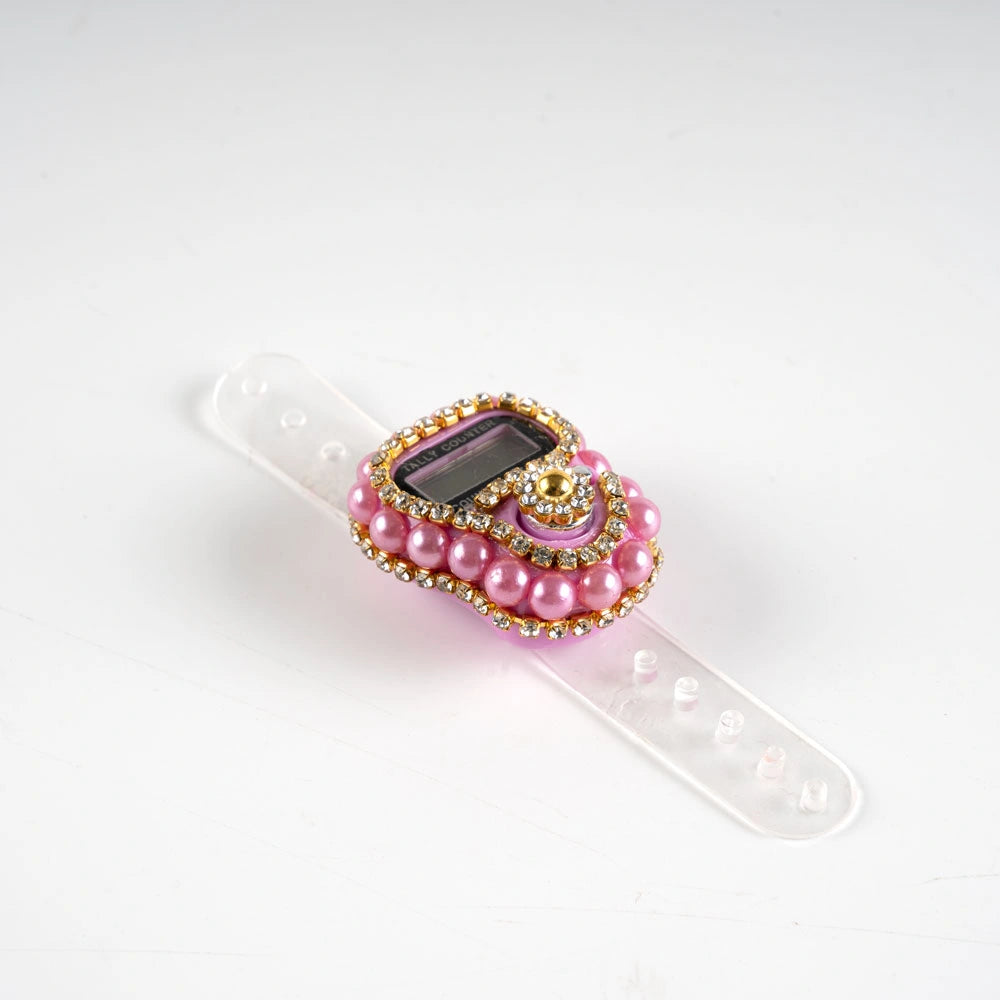 Fancy Stone Digital Counter Tasbih Pink – Luxury Finger Tally Counter for Zikr | Beaded Crystal Tasbeeh Counter